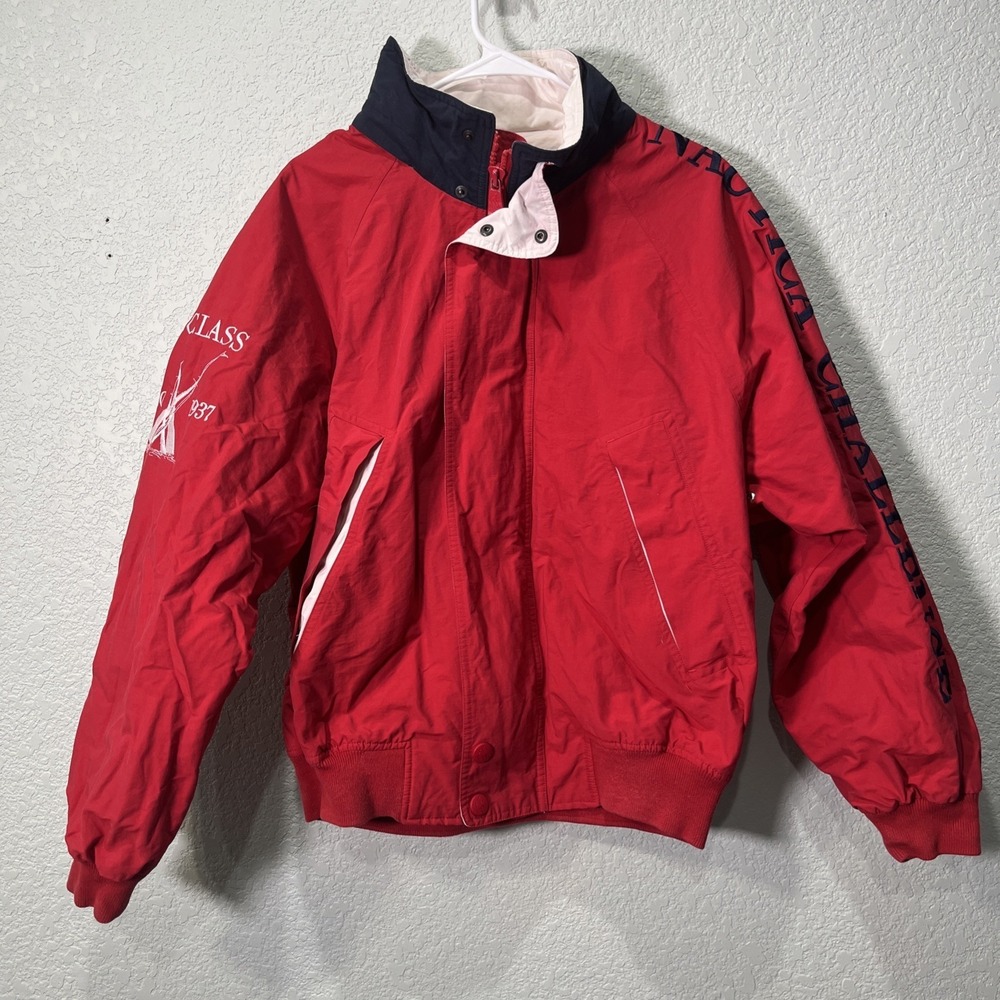 Nautica Sailing Jacket Men Large Red Challenge Vintage 90s Bomber Embroidered